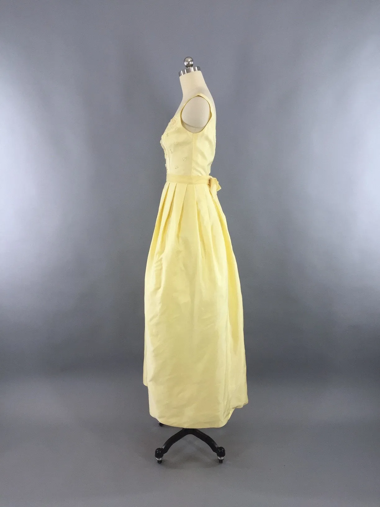 Vintage 1960s Lemon Yellow Beaded Gown Maxi Dress