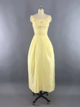 Vintage 1960s Lemon Yellow Beaded Gown Maxi Dress