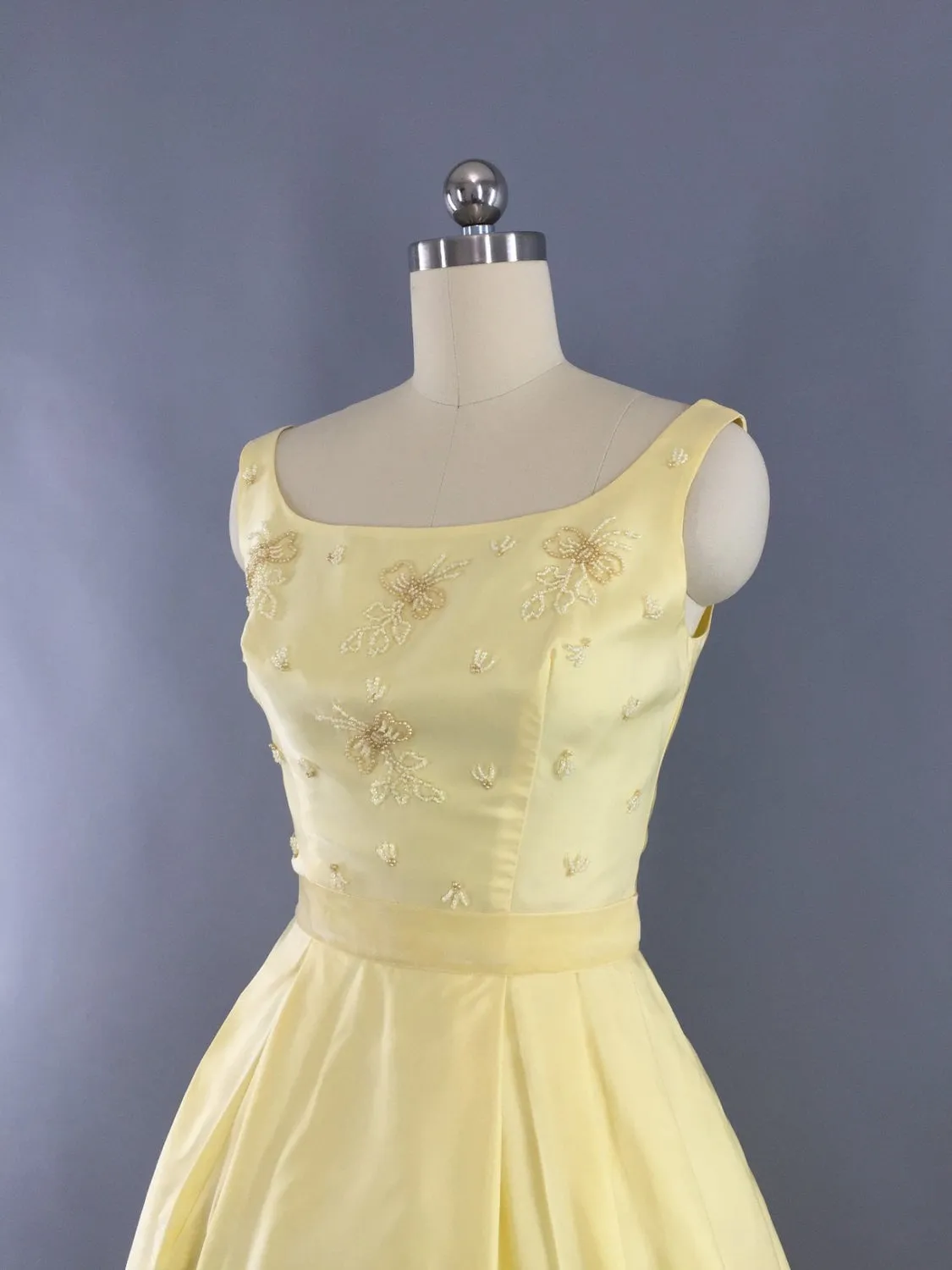 Vintage 1960s Lemon Yellow Beaded Gown Maxi Dress