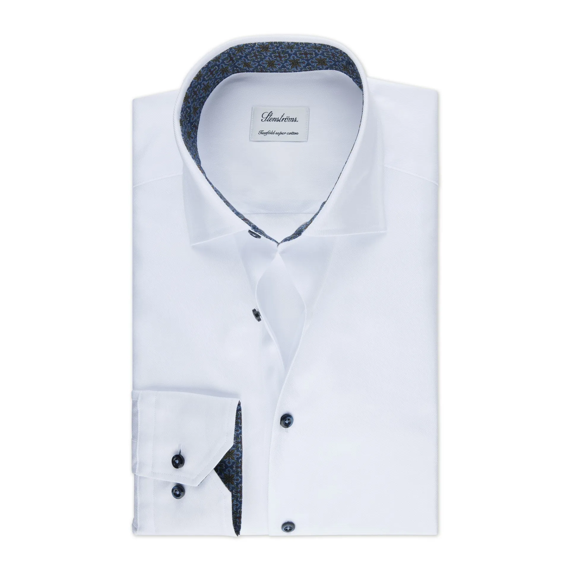 White w/ Blue Contrast Textured Twill Fitted Body Shirt - Stenströms