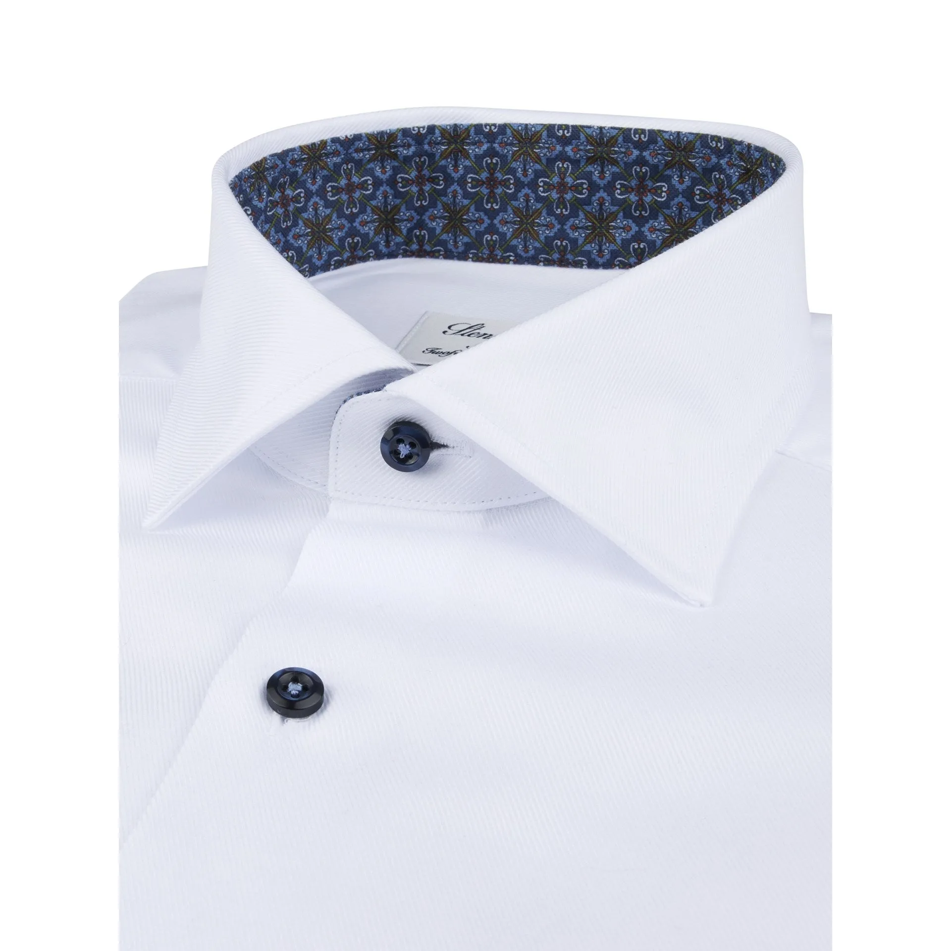 White w/ Blue Contrast Textured Twill Fitted Body Shirt - Stenströms