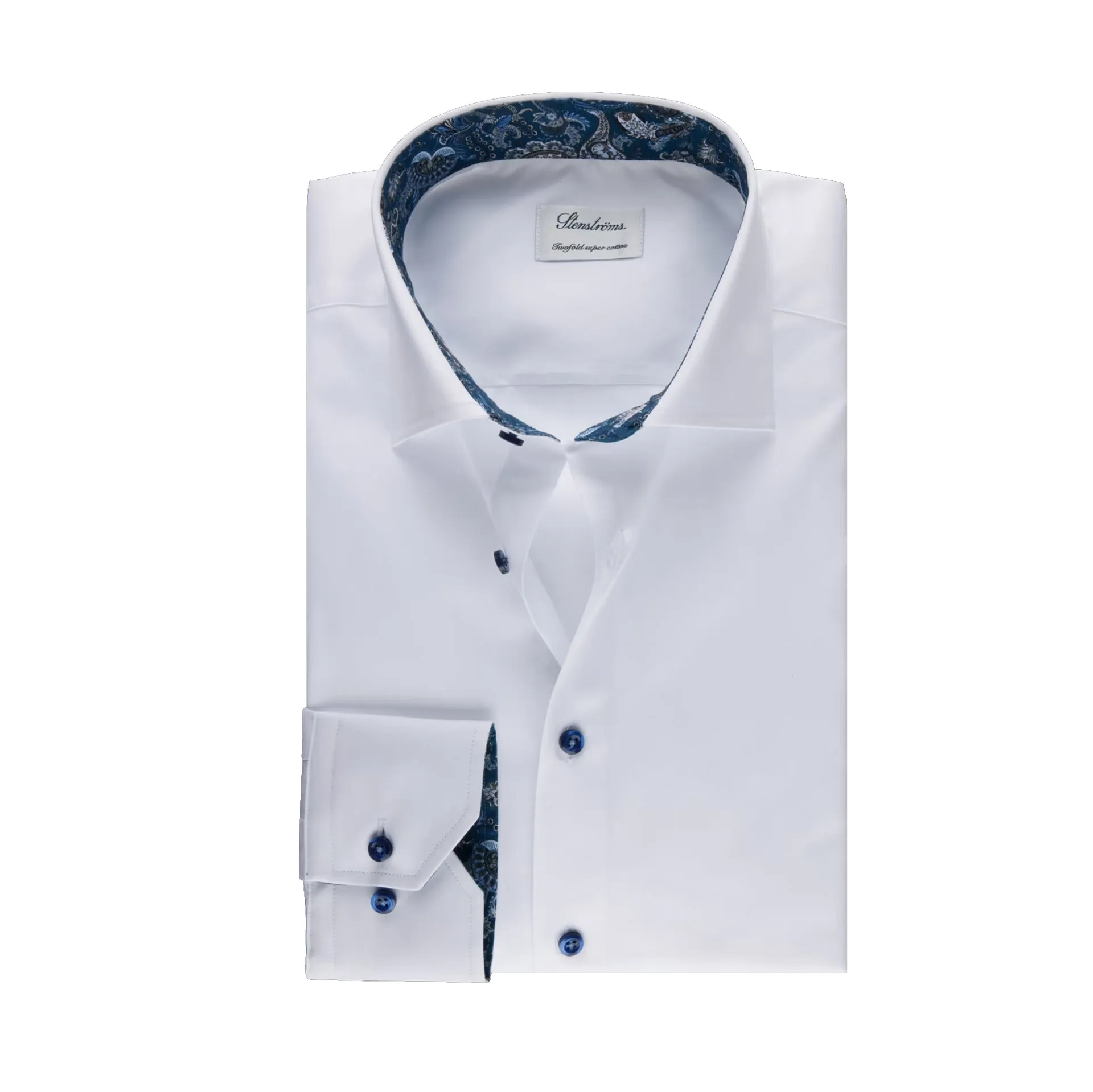 White w/ Navy Contrast Twill Fitted Body Shirt - Stenströms