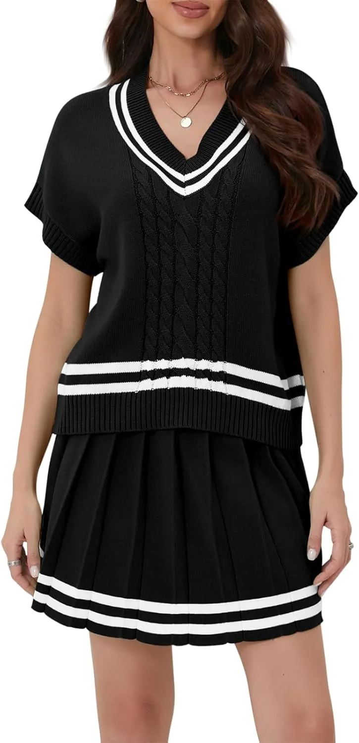 Women 2 Piece Sets Summer Cable Striped Knit Sweater Tops Pleated Mini Skirt Dress Two Piece Outfits
