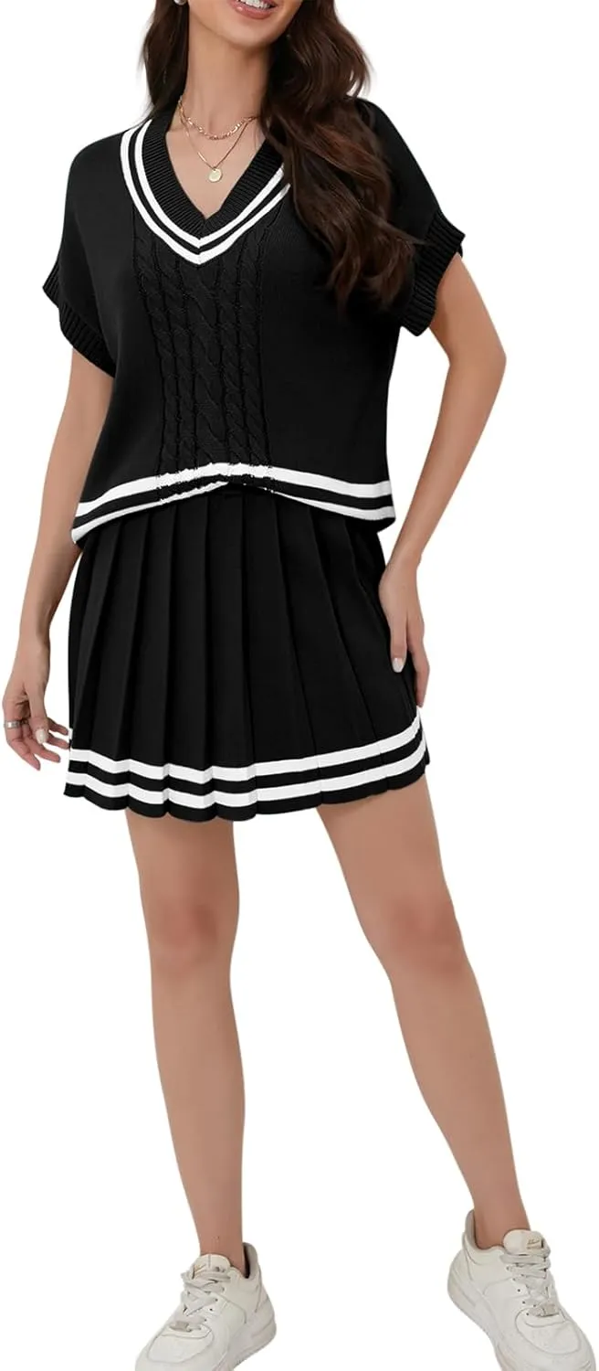 Women 2 Piece Sets Summer Cable Striped Knit Sweater Tops Pleated Mini Skirt Dress Two Piece Outfits
