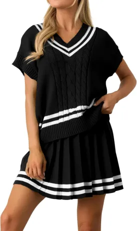 Women 2 Piece Sets Summer Cable Striped Knit Sweater Tops Pleated Mini Skirt Dress Two Piece Outfits