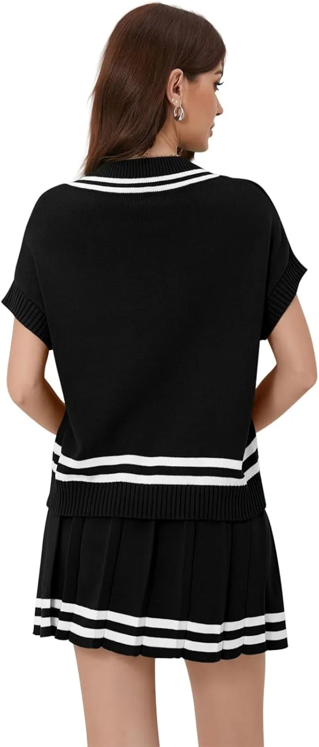 Women 2 Piece Sets Summer Cable Striped Knit Sweater Tops Pleated Mini Skirt Dress Two Piece Outfits