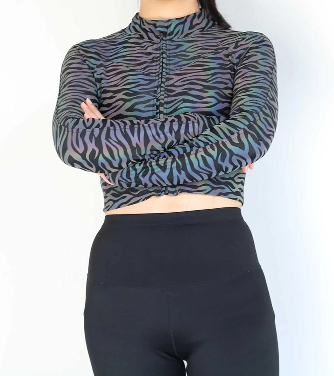 Women Crop Rave Tops for Festival Leopard Reflective Jackets Zipper Holographic Short Bomber Jacket Festival Costumes