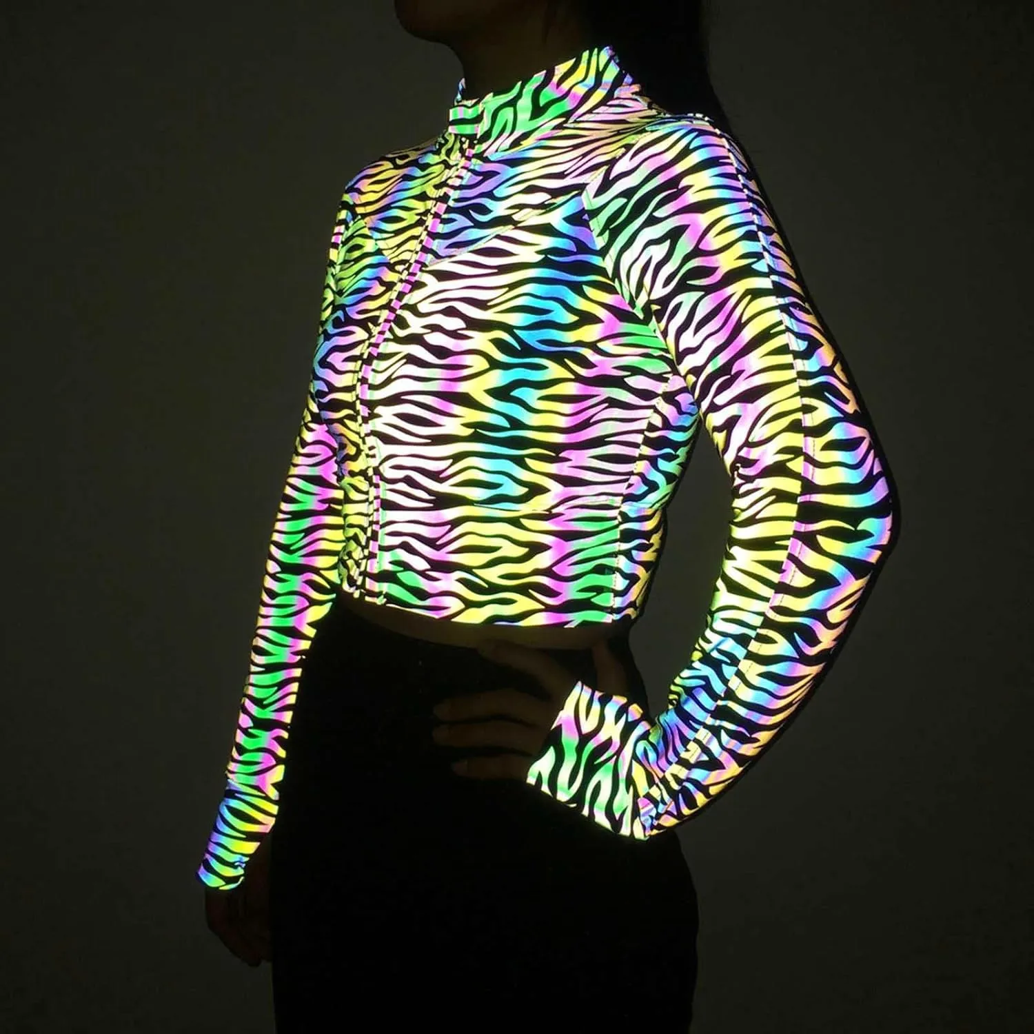 Women Crop Rave Tops for Festival Leopard Reflective Jackets Zipper Holographic Short Bomber Jacket Festival Costumes