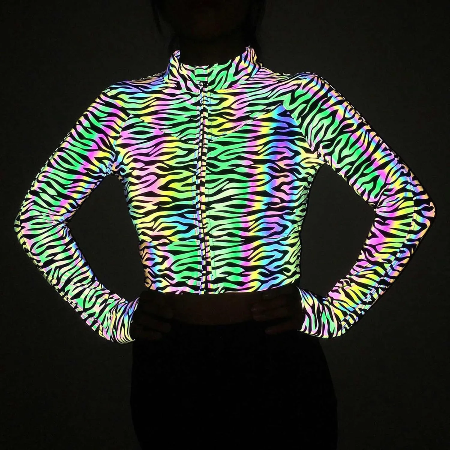 Women Crop Rave Tops for Festival Leopard Reflective Jackets Zipper Holographic Short Bomber Jacket Festival Costumes