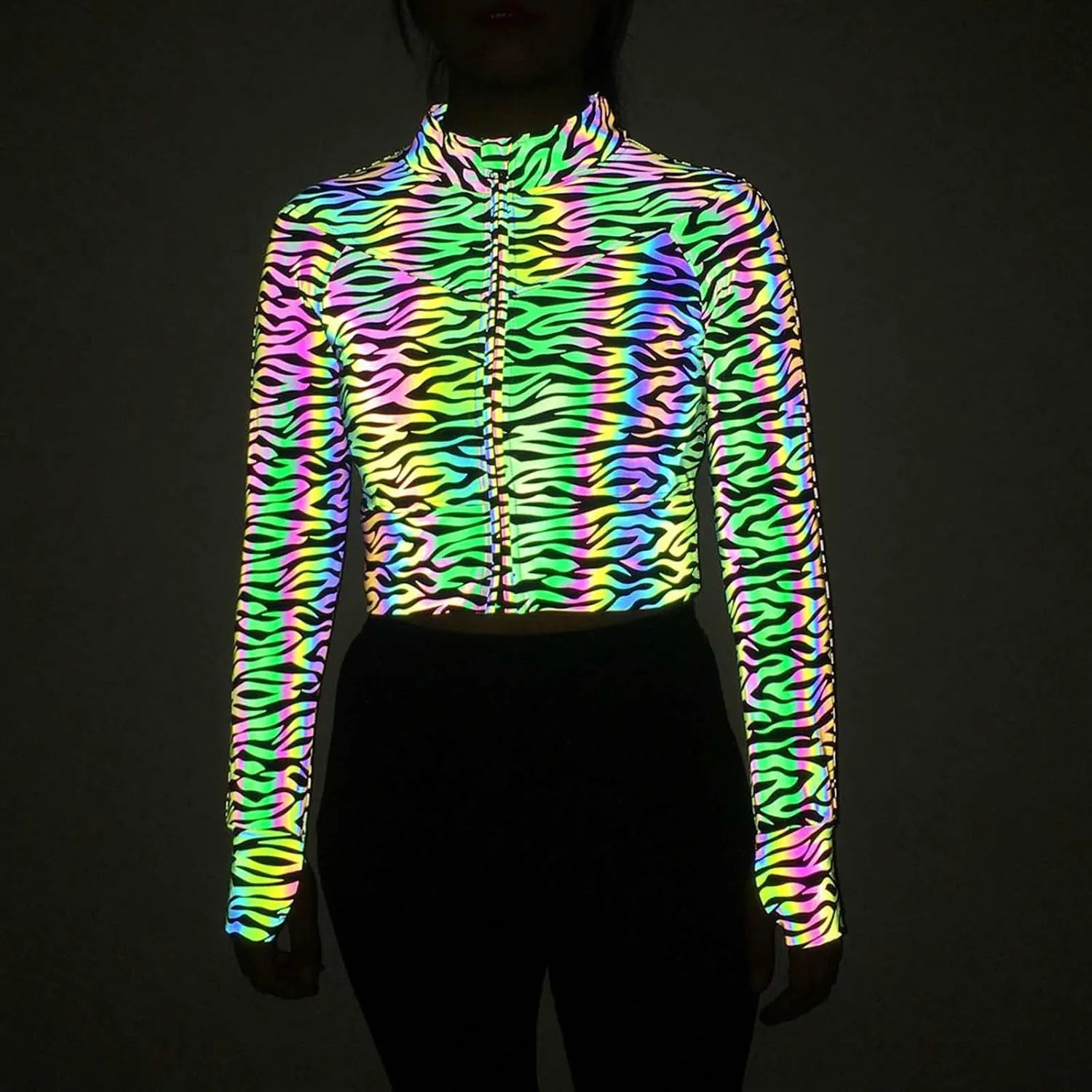 Women Crop Rave Tops for Festival Leopard Reflective Jackets Zipper Holographic Short Bomber Jacket Festival Costumes