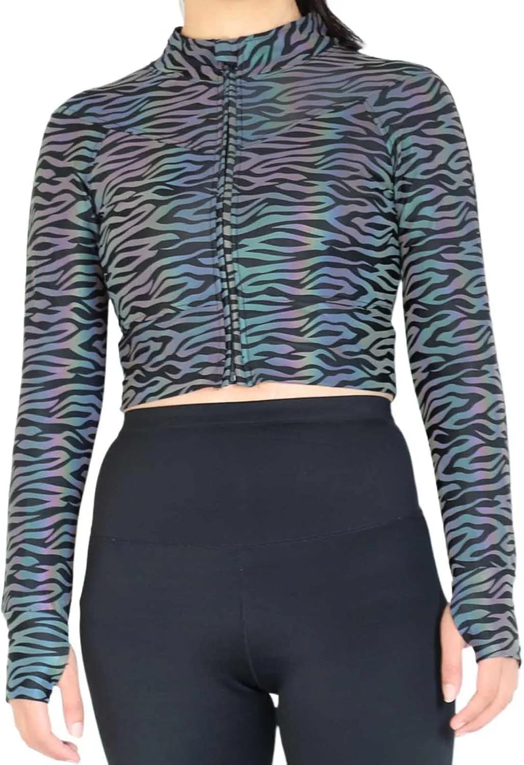 Women Crop Rave Tops for Festival Leopard Reflective Jackets Zipper Holographic Short Bomber Jacket Festival Costumes