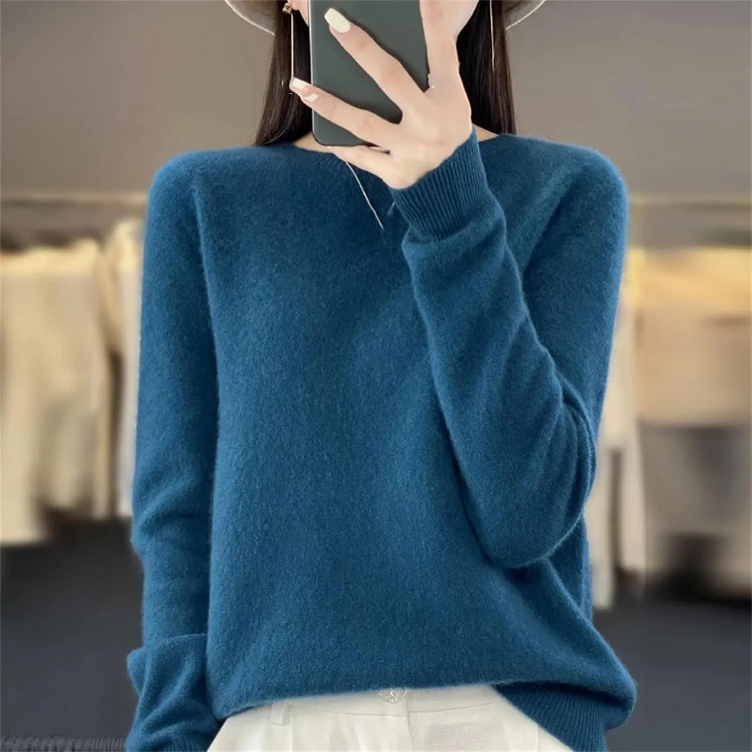 Women Merino Wool Knitted Sweater O-Neck Pullover Seamless Jumper Tops Cashmere Warm Clothes