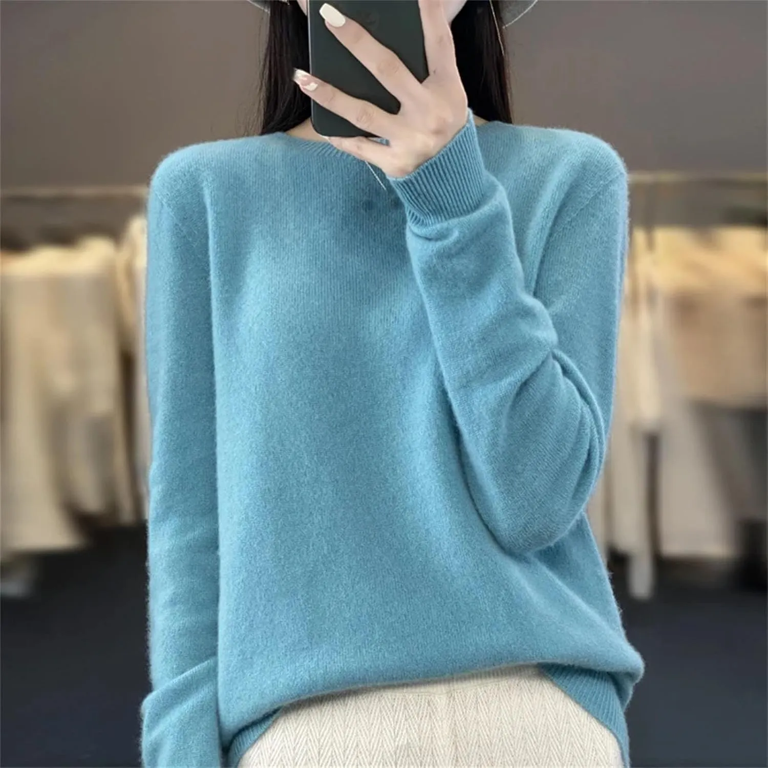 Women Merino Wool Knitted Sweater O-Neck Pullover Seamless Jumper Tops Cashmere Warm Clothes