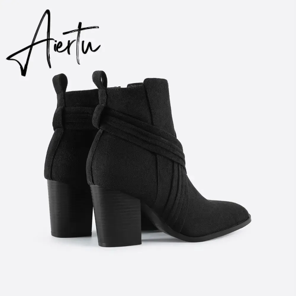 Women Suede Thick Heeled Side Zipper Boots