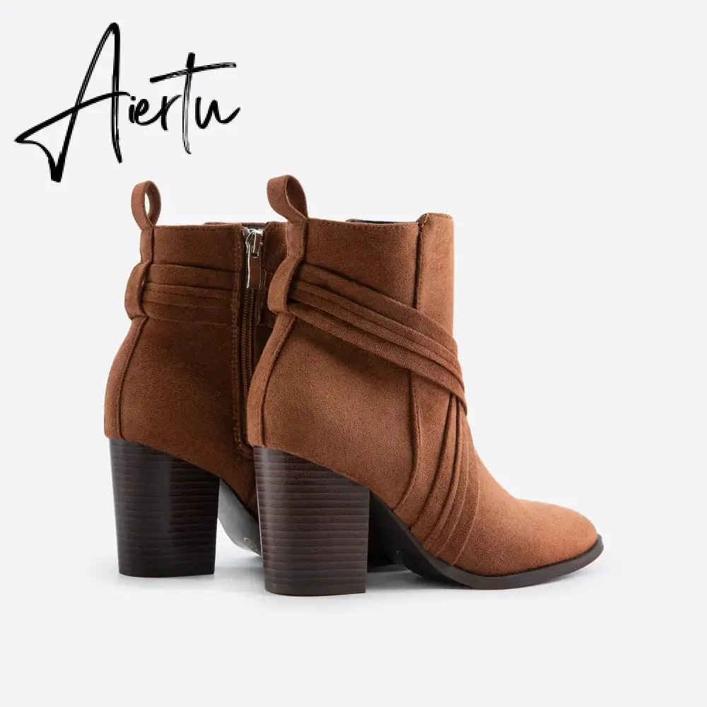 Women Suede Thick Heeled Side Zipper Boots