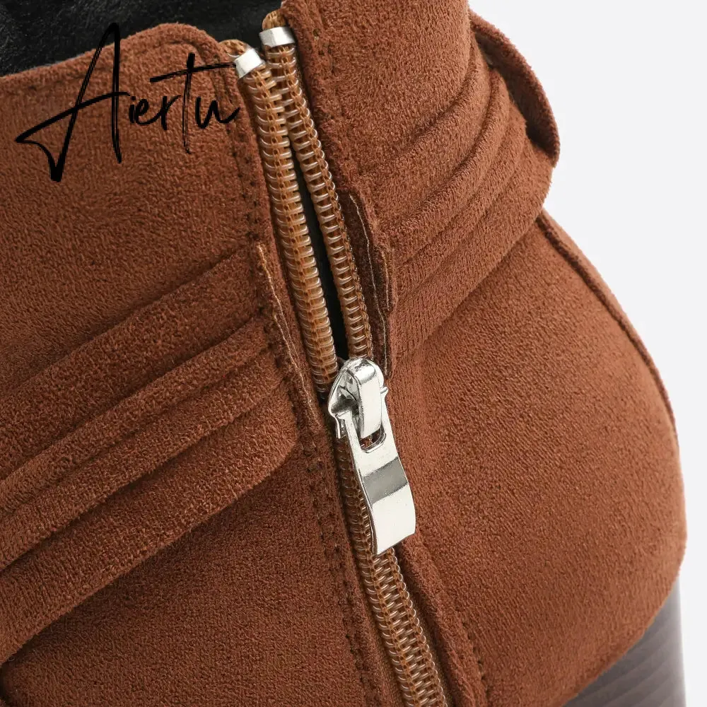 Women Suede Thick Heeled Side Zipper Boots