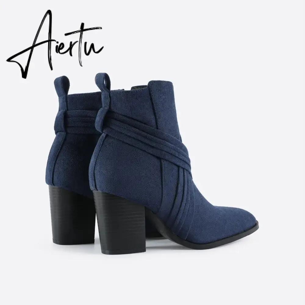 Women Suede Thick Heeled Side Zipper Boots