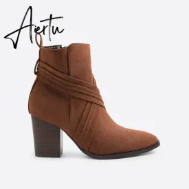 Women Suede Thick Heeled Side Zipper Boots
