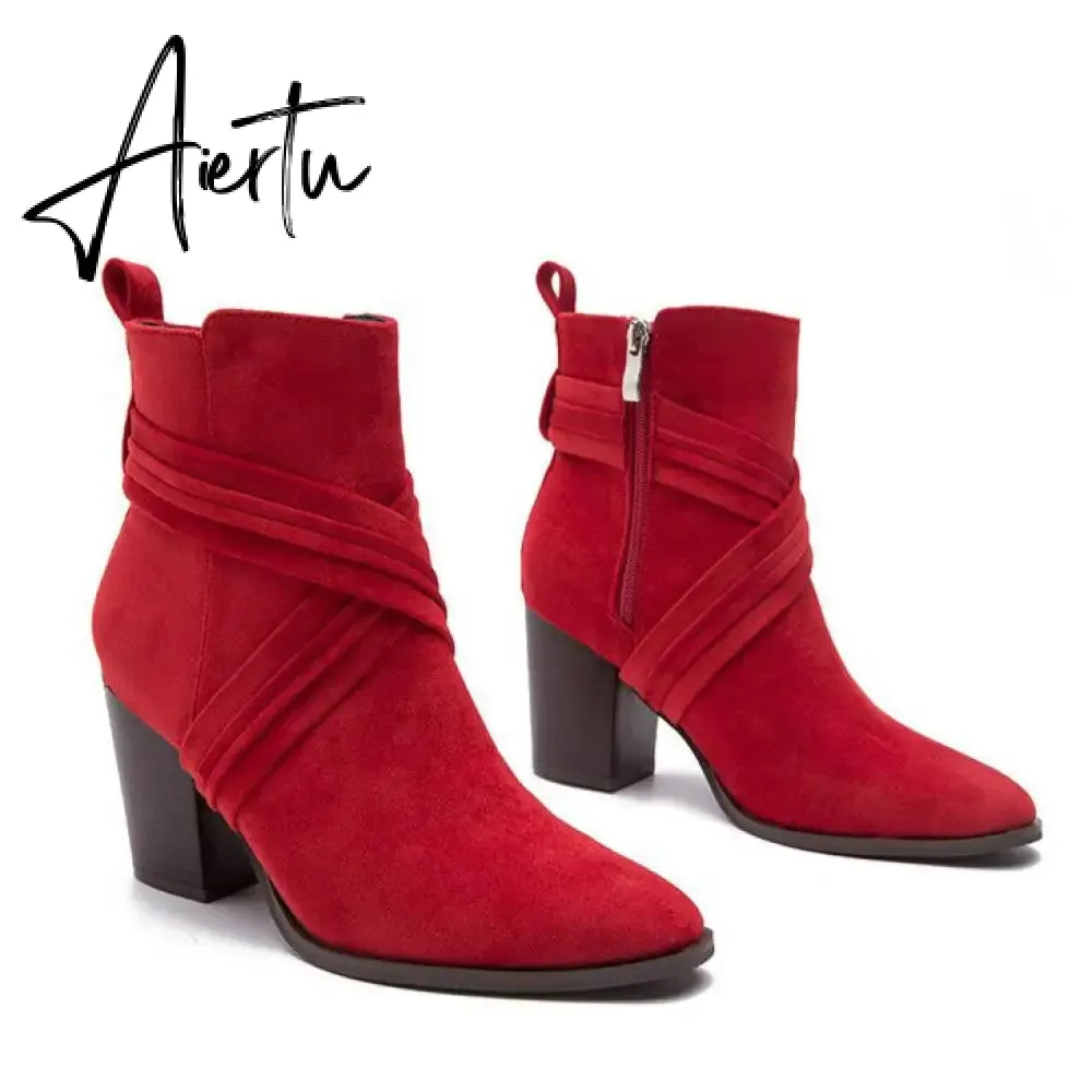 Women Suede Thick Heeled Side Zipper Boots