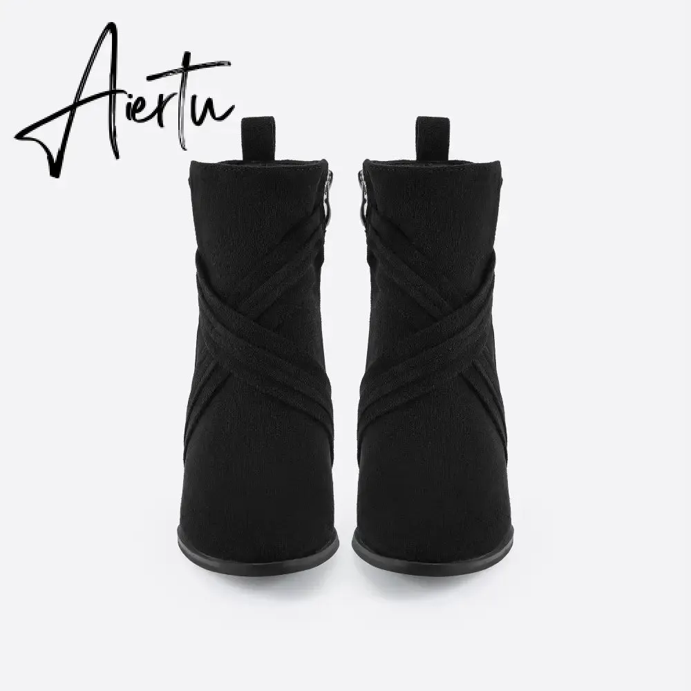 Women Suede Thick Heeled Side Zipper Boots