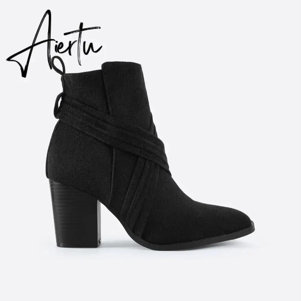 Women Suede Thick Heeled Side Zipper Boots