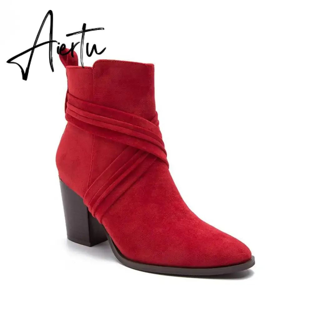 Women Suede Thick Heeled Side Zipper Boots