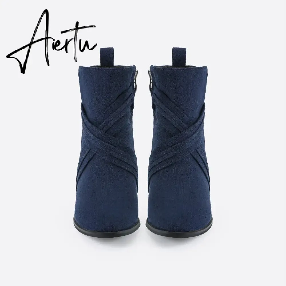 Women Suede Thick Heeled Side Zipper Boots