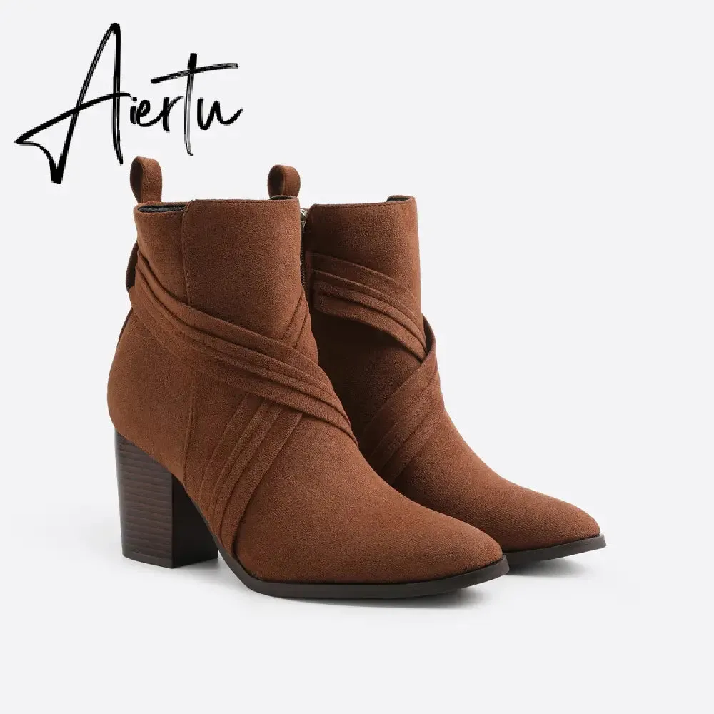 Women Suede Thick Heeled Side Zipper Boots