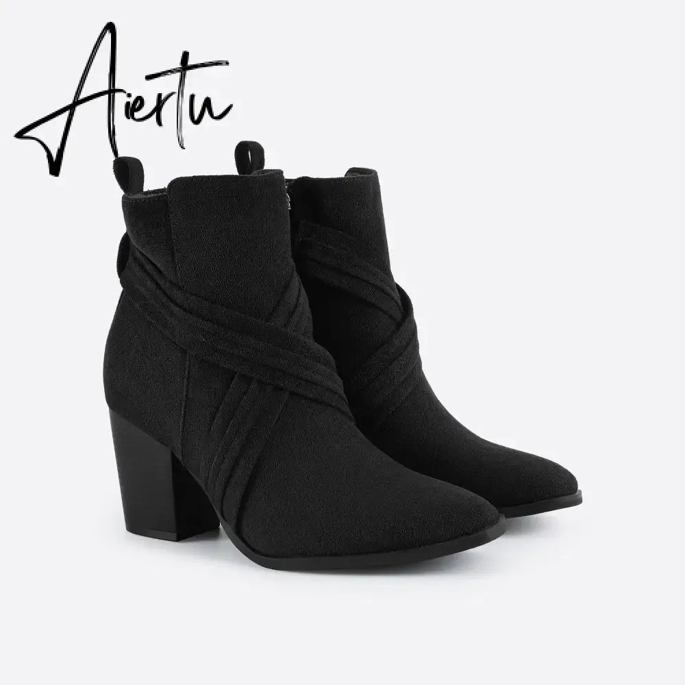 Women Suede Thick Heeled Side Zipper Boots