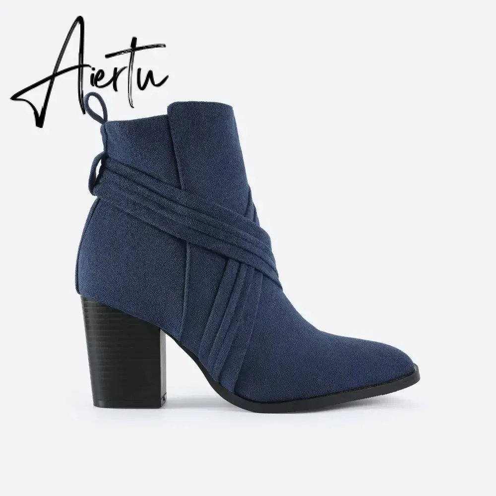 Women Suede Thick Heeled Side Zipper Boots