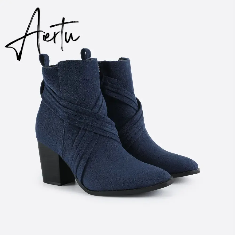 Women Suede Thick Heeled Side Zipper Boots