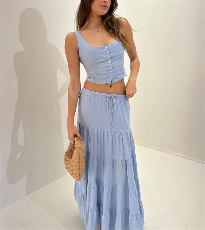 Womens 2 Piece Maxi Skirt Set Lace Up Sleeveless Tank Top and Flowy Long Skirt 2024 Summer Beach Outfits