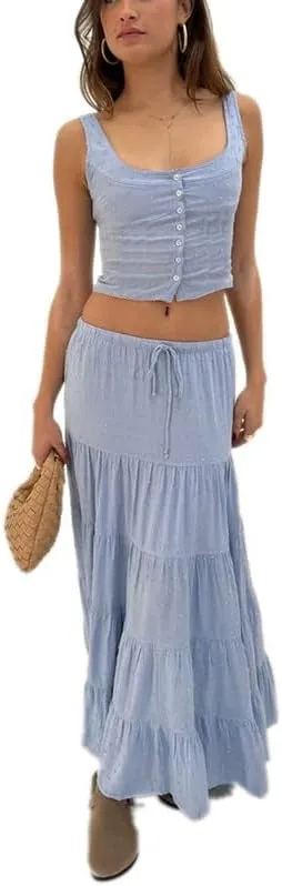 Womens 2 Piece Maxi Skirt Set Lace Up Sleeveless Tank Top and Flowy Long Skirt 2024 Summer Beach Outfits