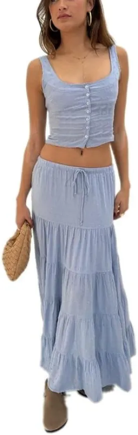 Womens 2 Piece Maxi Skirt Set Lace Up Sleeveless Tank Top and Flowy Long Skirt 2024 Summer Beach Outfits