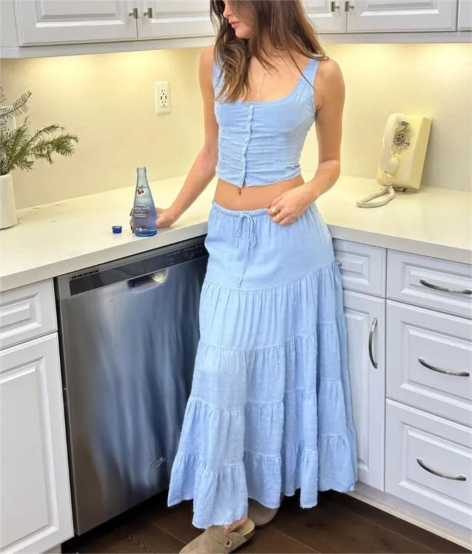 Womens 2 Piece Maxi Skirt Set Lace Up Sleeveless Tank Top and Flowy Long Skirt 2024 Summer Beach Outfits