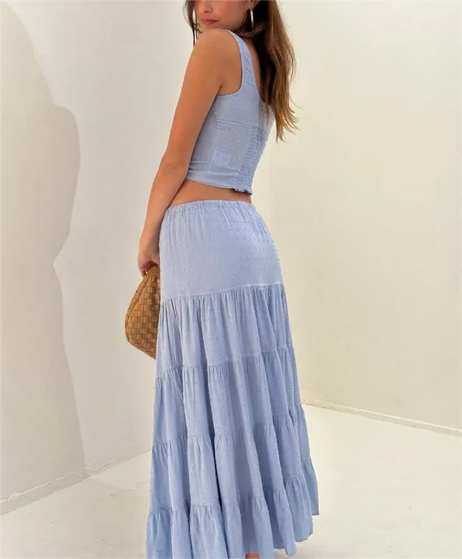 Womens 2 Piece Maxi Skirt Set Lace Up Sleeveless Tank Top and Flowy Long Skirt 2024 Summer Beach Outfits