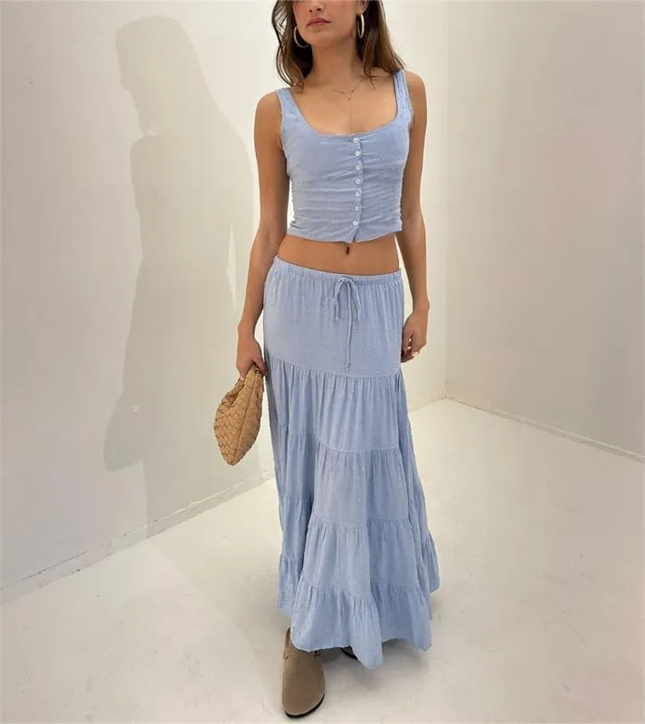 Womens 2 Piece Maxi Skirt Set Lace Up Sleeveless Tank Top and Flowy Long Skirt 2024 Summer Beach Outfits