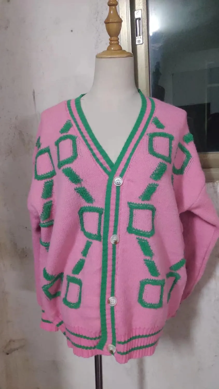 Women's Button V Neck Knit Long Sleeve Cardigan Sweater Casual Drop Shoulder Geometric Knit Loose Chunky Outerwear Top