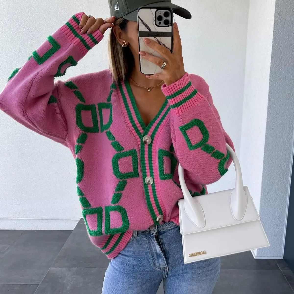 Women's Button V Neck Knit Long Sleeve Cardigan Sweater Casual Drop Shoulder Geometric Knit Loose Chunky Outerwear Top