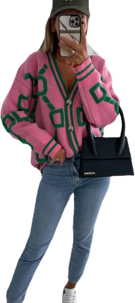 Women's Button V Neck Knit Long Sleeve Cardigan Sweater Casual Drop Shoulder Geometric Knit Loose Chunky Outerwear Top