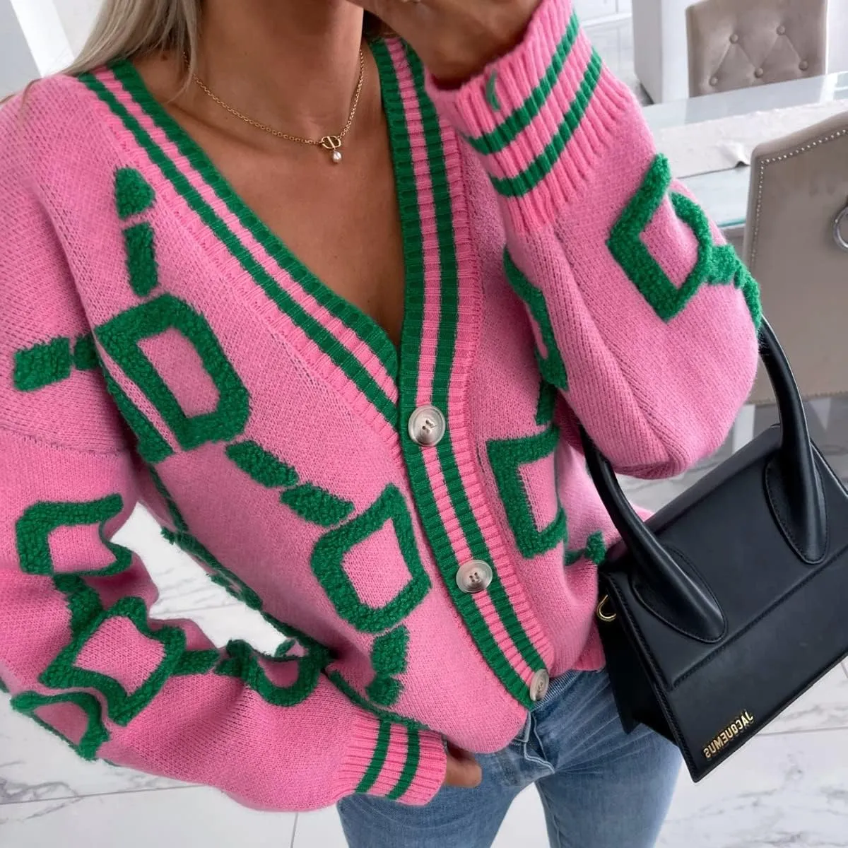 Women's Button V Neck Knit Long Sleeve Cardigan Sweater Casual Drop Shoulder Geometric Knit Loose Chunky Outerwear Top