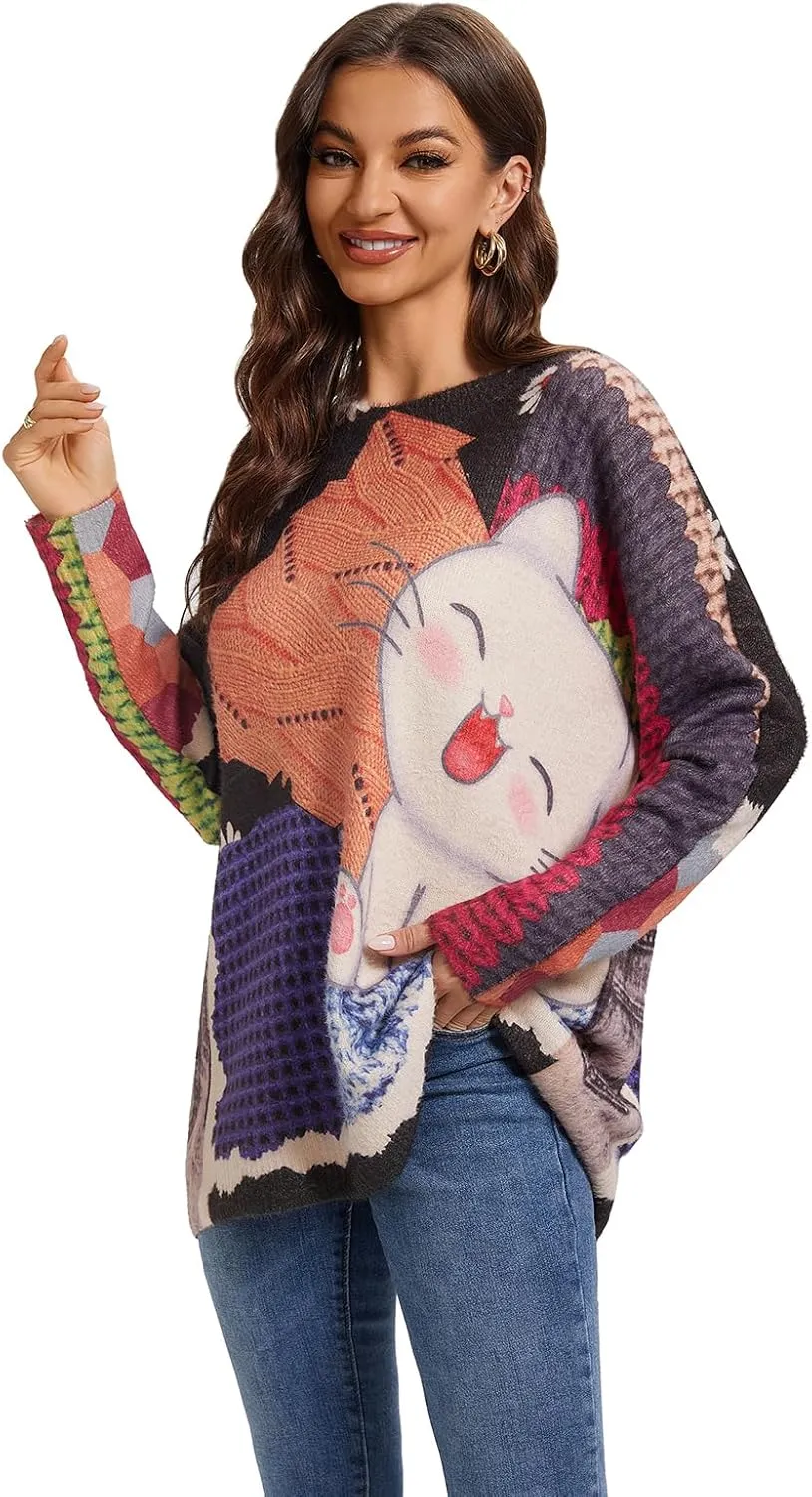 Womens Christmas Sweater Graphic Oversized Pullover Sweaters Casual Loose Long Sleeve Knit Sweater for Women
