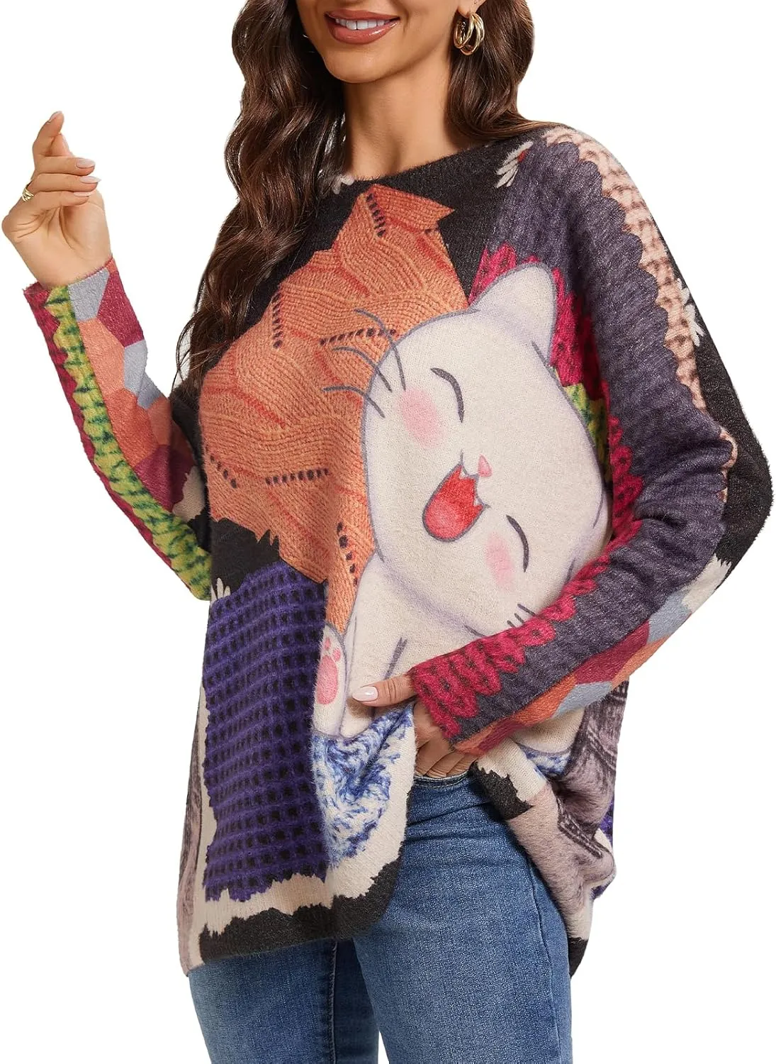 Womens Christmas Sweater Graphic Oversized Pullover Sweaters Casual Loose Long Sleeve Knit Sweater for Women