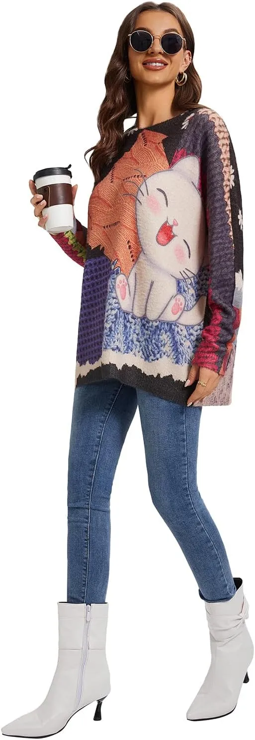 Womens Christmas Sweater Graphic Oversized Pullover Sweaters Casual Loose Long Sleeve Knit Sweater for Women