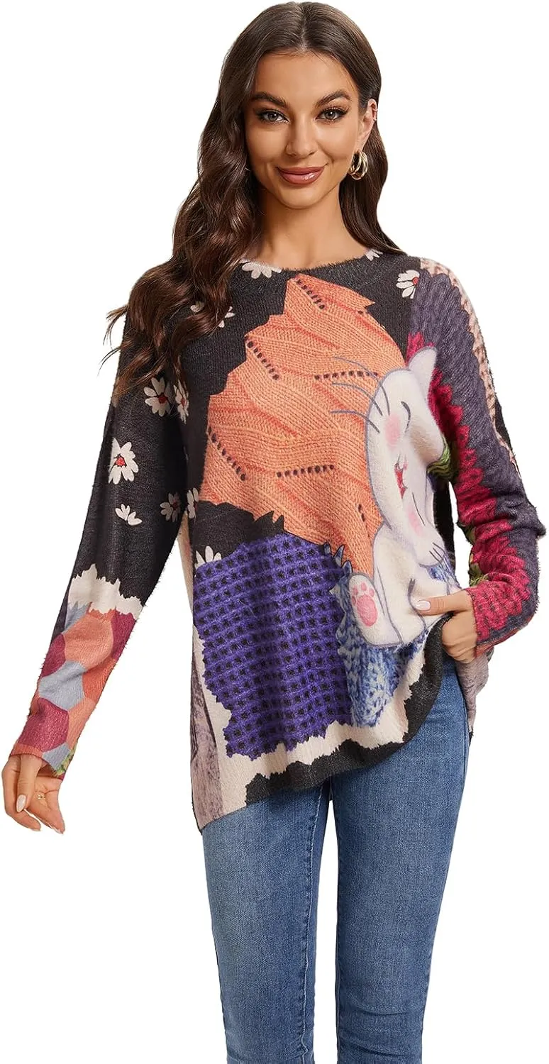 Womens Christmas Sweater Graphic Oversized Pullover Sweaters Casual Loose Long Sleeve Knit Sweater for Women