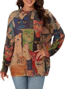 Womens Christmas Sweater Graphic Oversized Pullover Sweaters Casual Loose Long Sleeve Knit Sweater for Women
