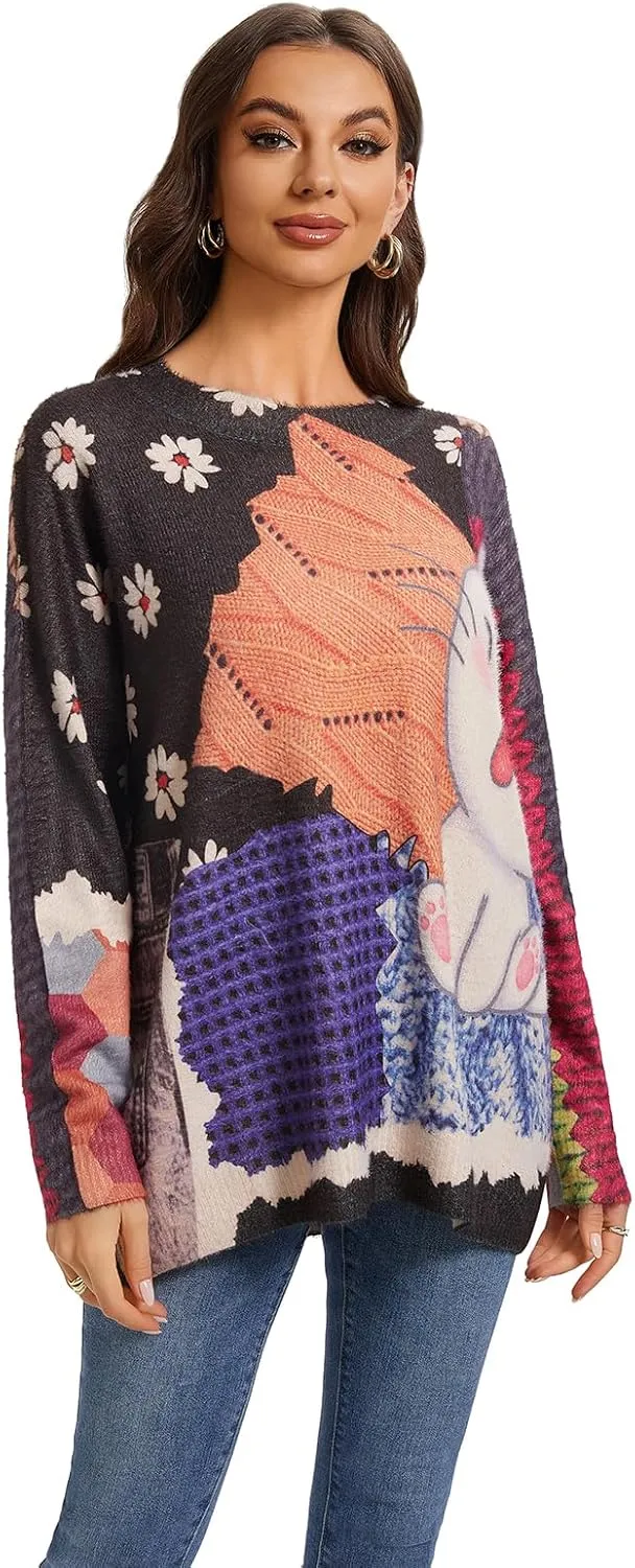 Womens Christmas Sweater Graphic Oversized Pullover Sweaters Casual Loose Long Sleeve Knit Sweater for Women