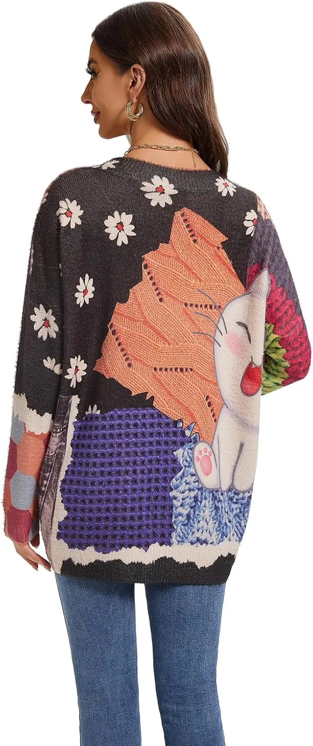 Womens Christmas Sweater Graphic Oversized Pullover Sweaters Casual Loose Long Sleeve Knit Sweater for Women