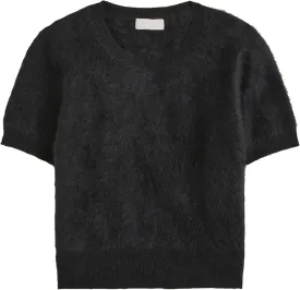 Women's Furry Cropped Sweater Short Sleeve Soft Fuzzy Sweater T Shirt Loose Casual Knit Pullover