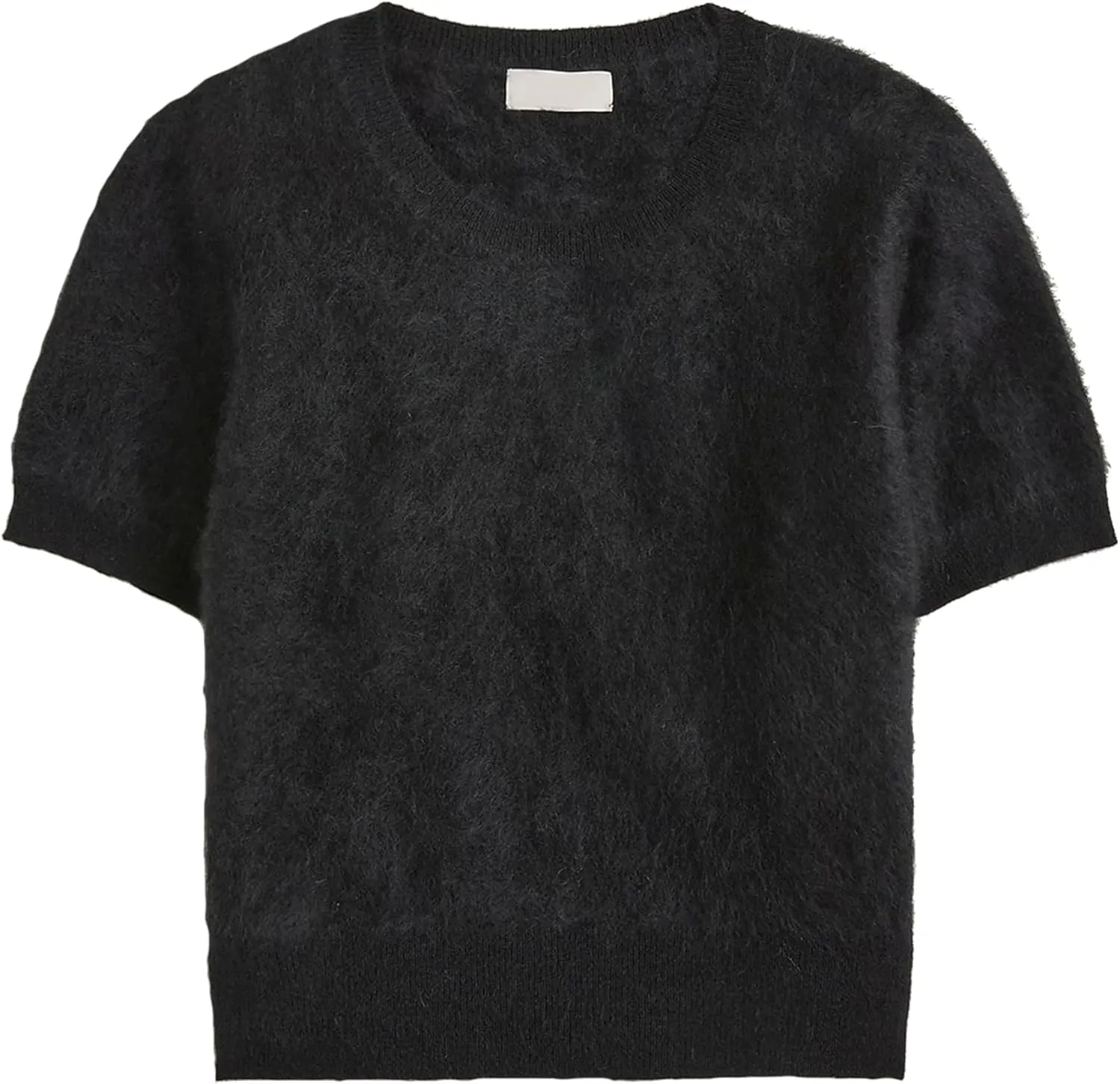 Women's Furry Cropped Sweater Short Sleeve Soft Fuzzy Sweater T Shirt Loose Casual Knit Pullover